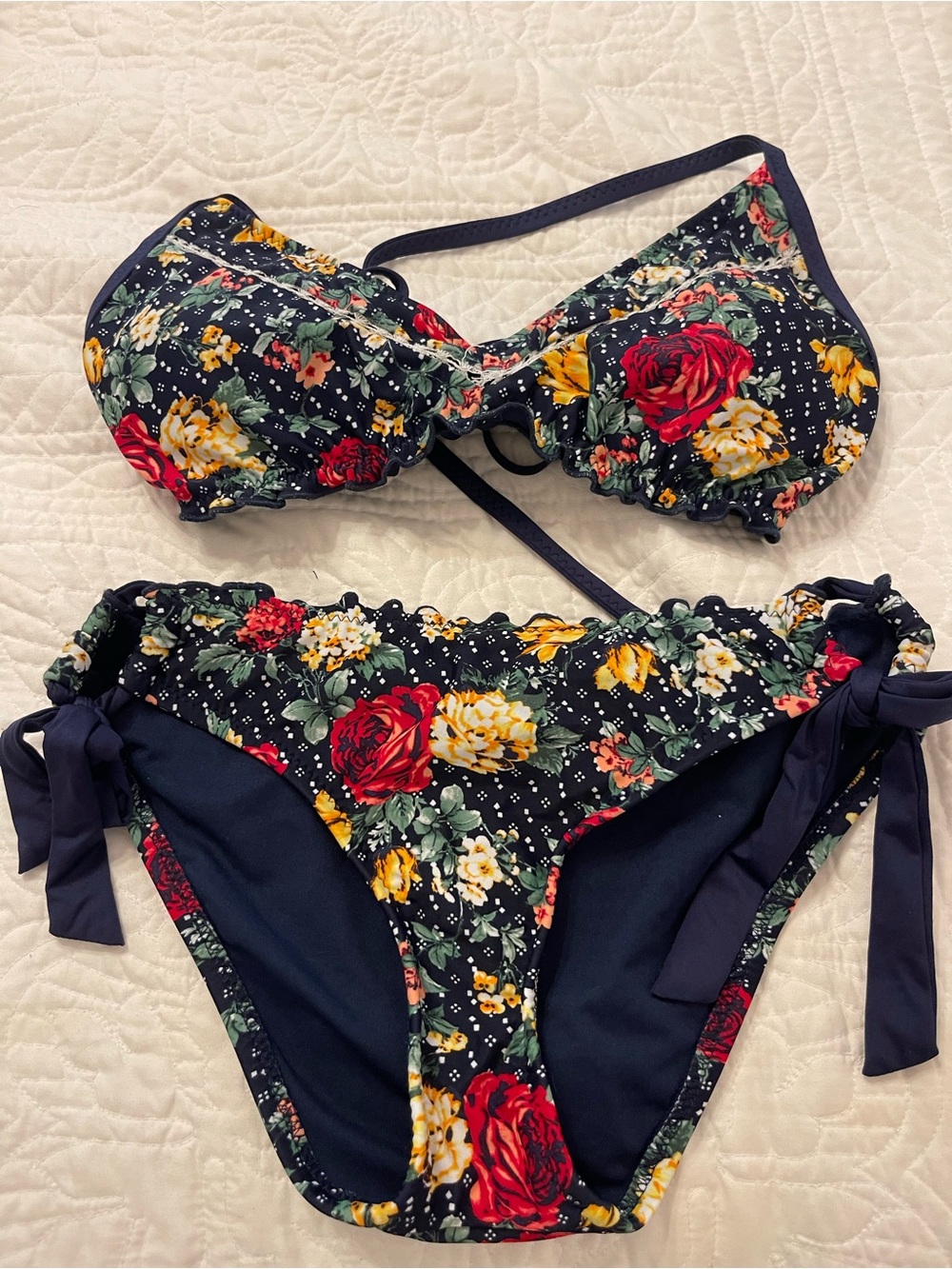 Moschino Navy Floral Tie-Side Bikini with Red & Yellow Roses
